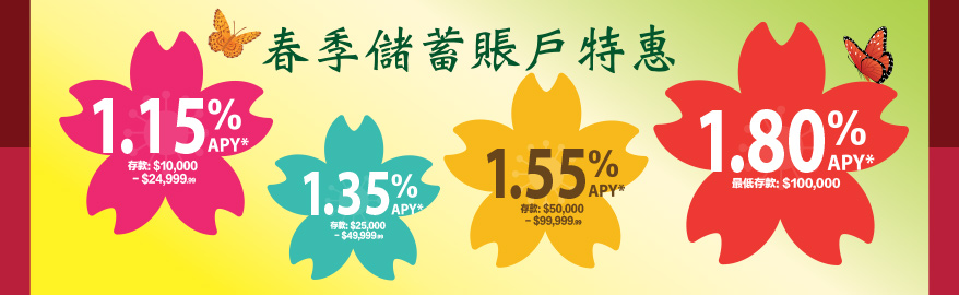 Spring Savings Account Promotion: 
1.80%APY with deposit above $100000;
1.55%APY with deposit between $50000 and $100000;
1.35%APY with deposit between $25000 and $50000;
1.15%APY with deposit between $10000 and $25000;